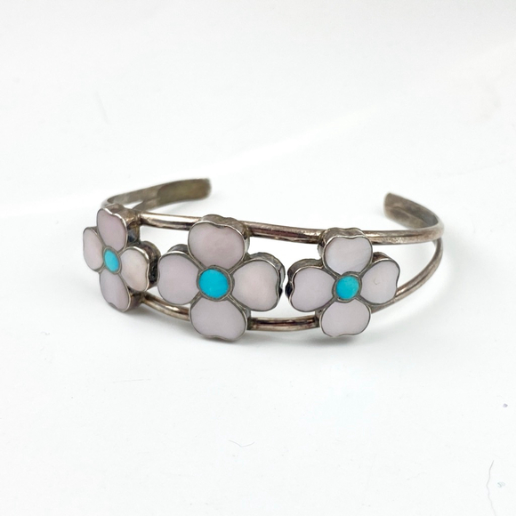 Old Pawn Zuni Flower Inlay Bracelet Turquoise Sterling Silver Cuff Native - Picture 3 of 5